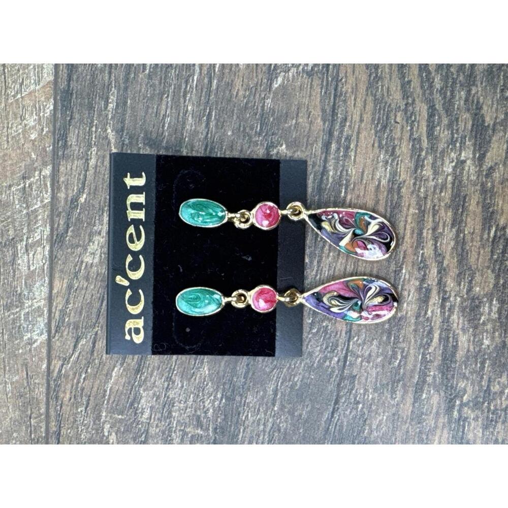 Vintage‎ Gold-Tone Enamel Chandelier Drop Pierced Earrings in Pink Green Purple
